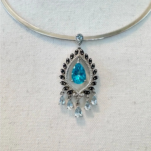 Swiss Blue Topaz|Aquamarine|Onyx Chandelier Sterling Silver Pendant - Picture 3 of 13